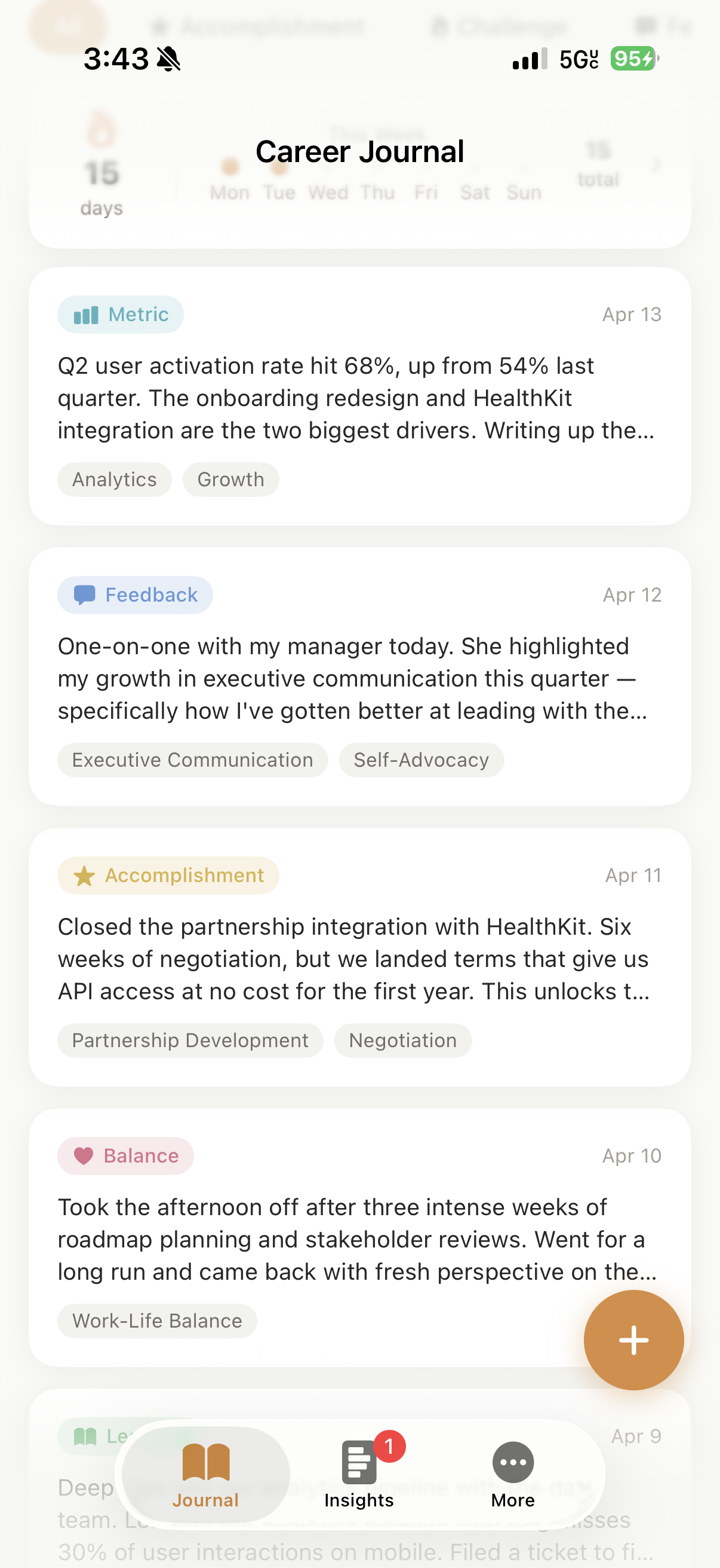 Bloom career journal — track daily wins with categories and streaks