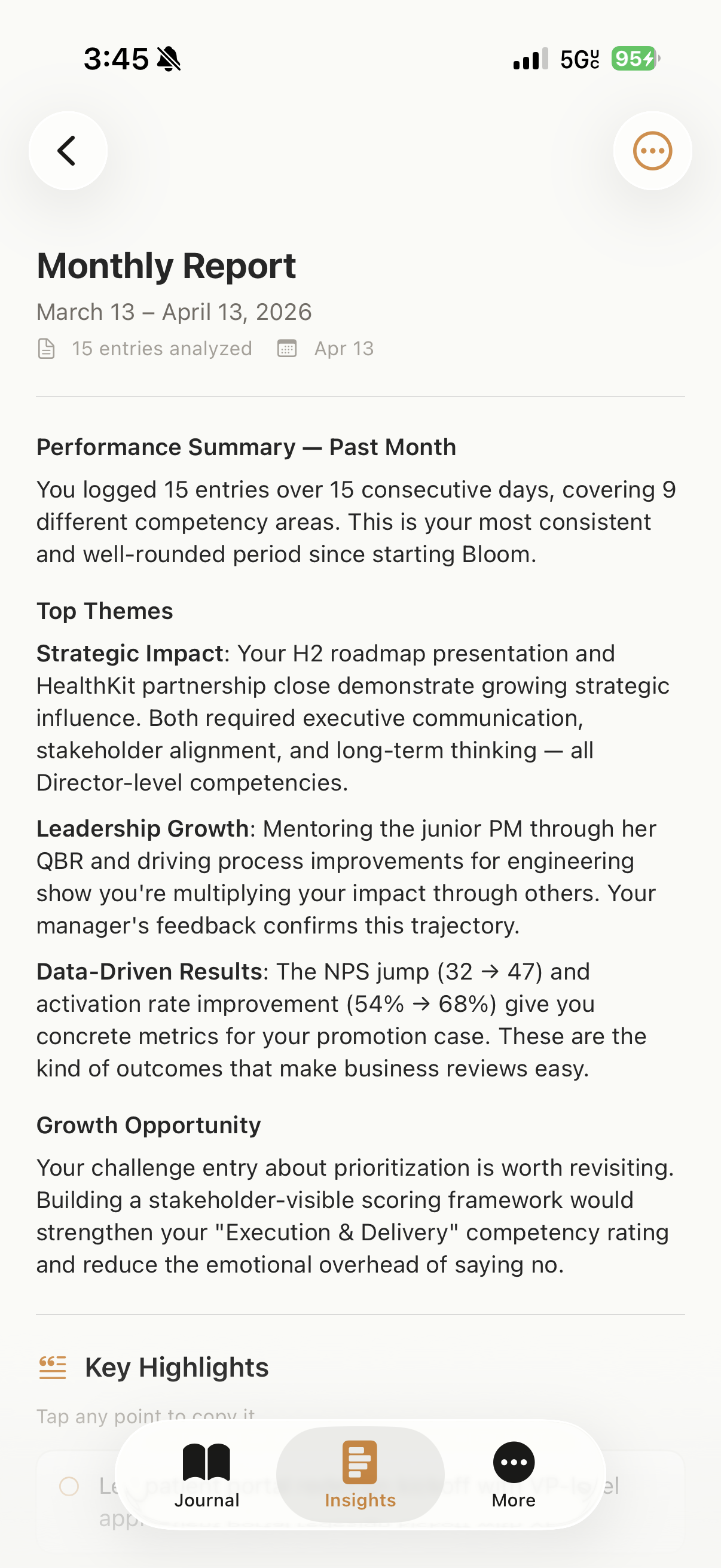 Bloom AI performance report with accomplishments and talking points